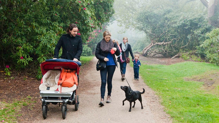 A group of young visitors with a dog out walking at Sheringham Park, Norfolk